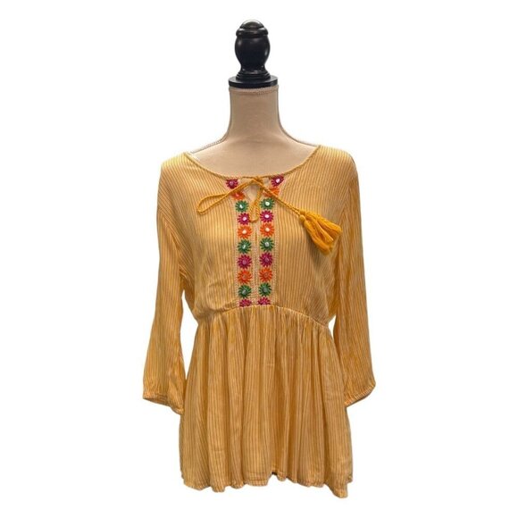 StudioWest Apparel Boho Smock Top  L Yellow‎ Stripes Embroidered Mirrors Tassels - Picture 1 of 12